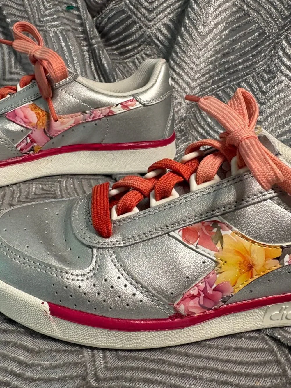 Diadora Women 6 Metalic Silver Sneakers Hand-Embellished Floral Design